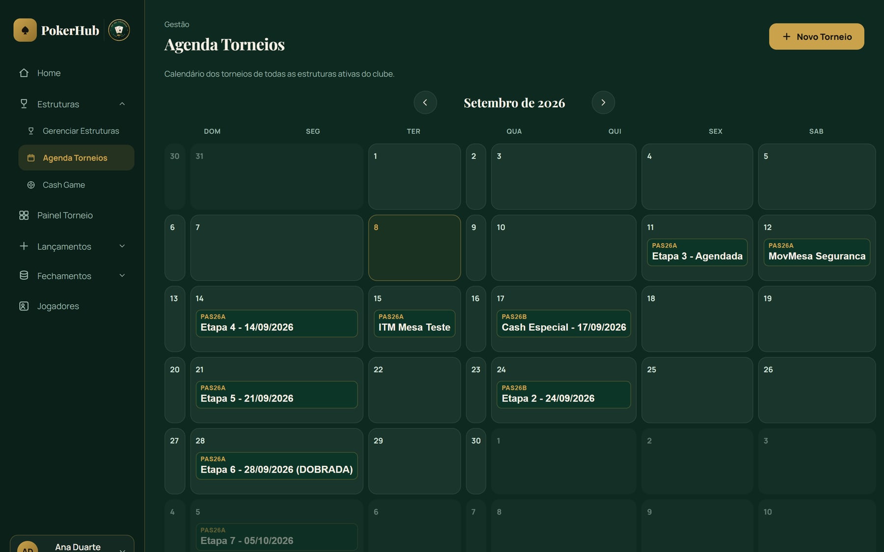 Calendário mensal com os torneios de todas as estruturas ativas do clube