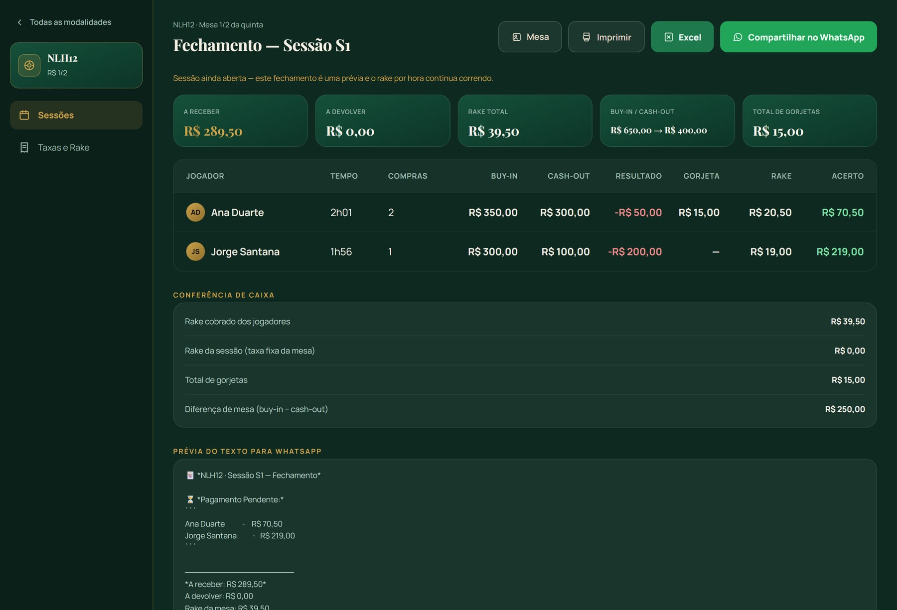 Fechamento de sessão de cash game com rake, gorjetas e conferência de caixa