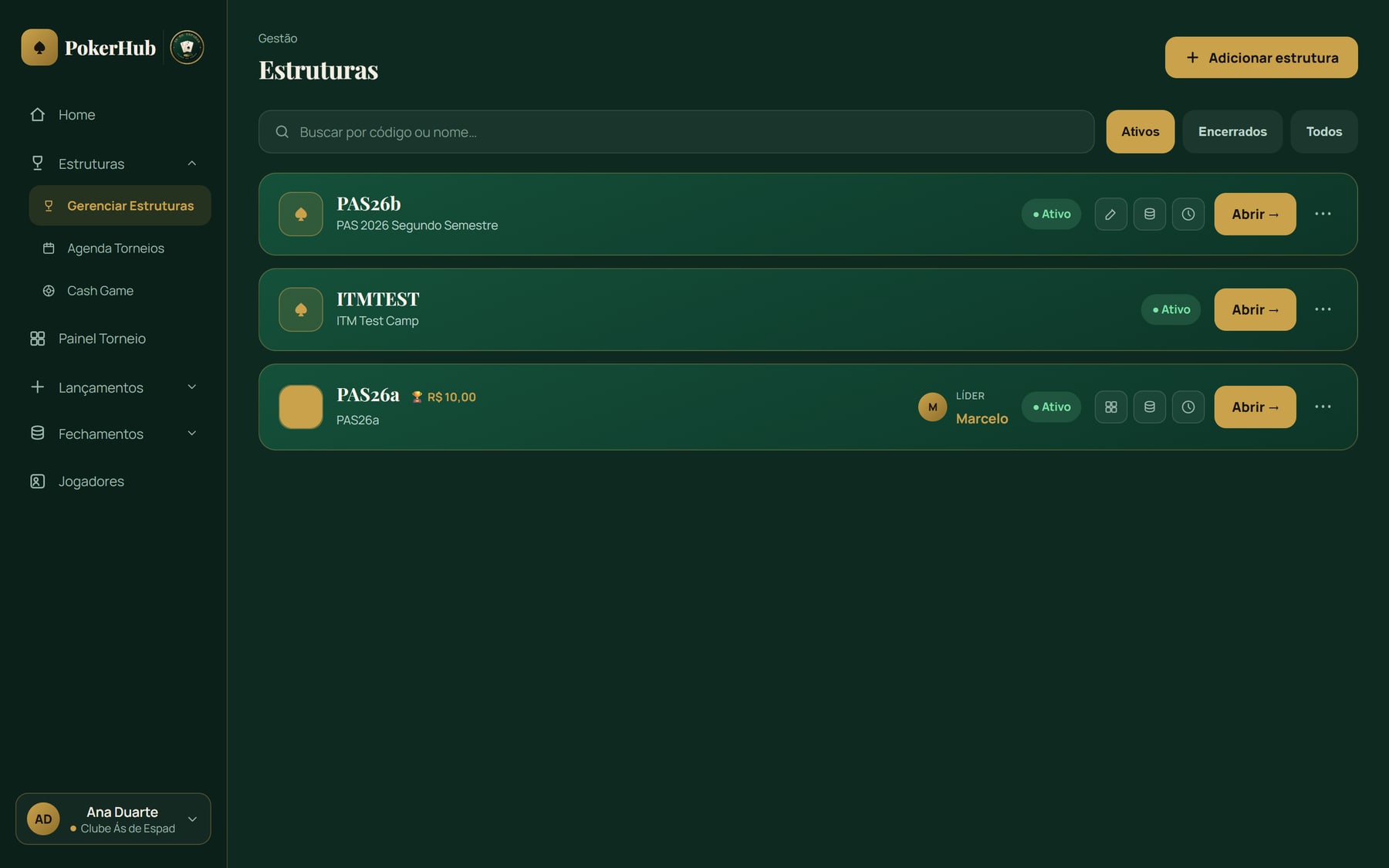 Lista de estruturas de campeonato em cards, com líder do ranking e status