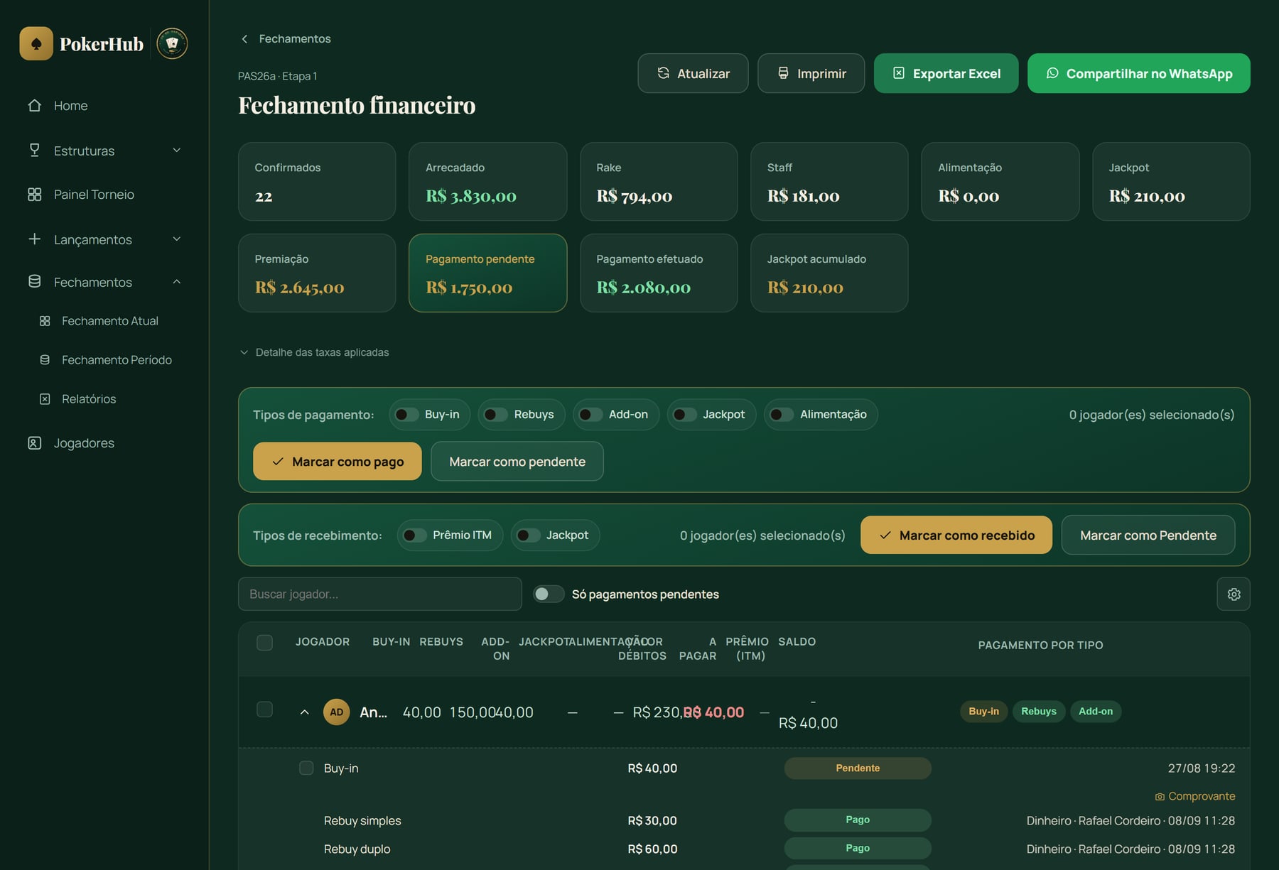 Fechamento financeiro com o detalhe por movimento de cada jogador e o status de pagamento