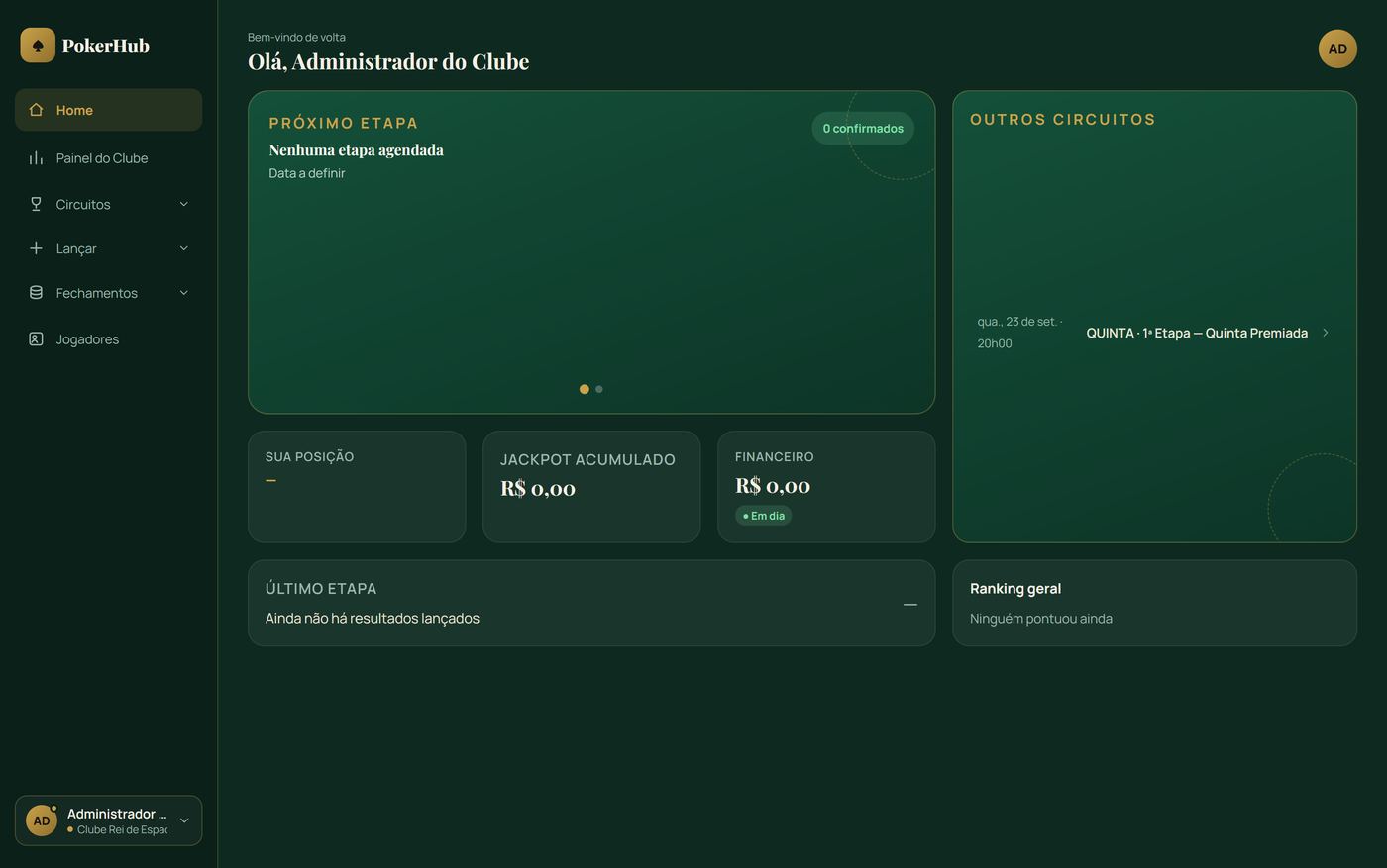 Home do clube logo após o primeiro login, com o card de próxima etapa, jackpot e ranking geral ainda vazios