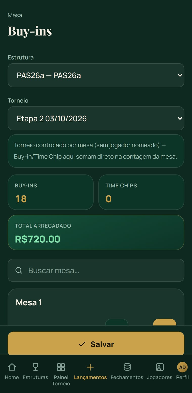 Tela de buy-in do dealer no celular, com botões de mais e menos por mesa