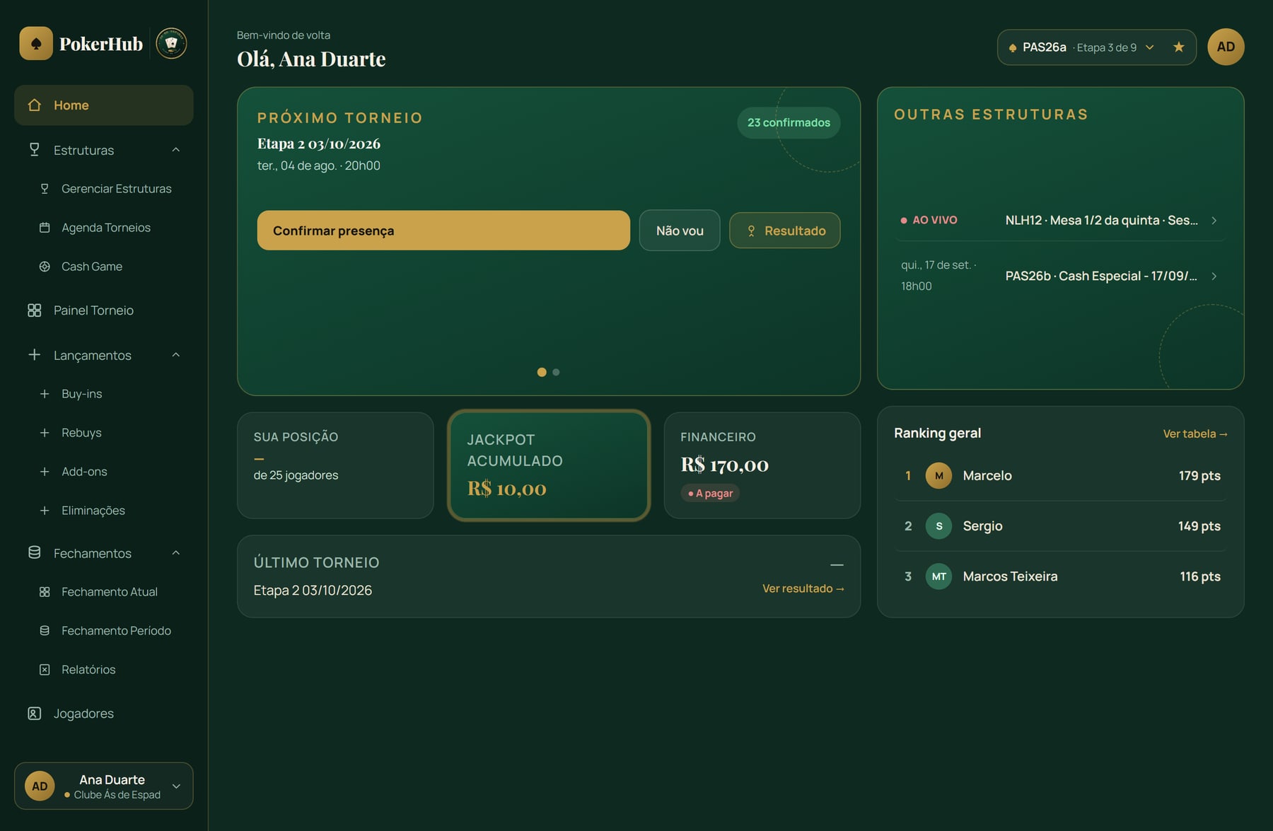 Home do PokerHub com o menu lateral e todos os submenus abertos
