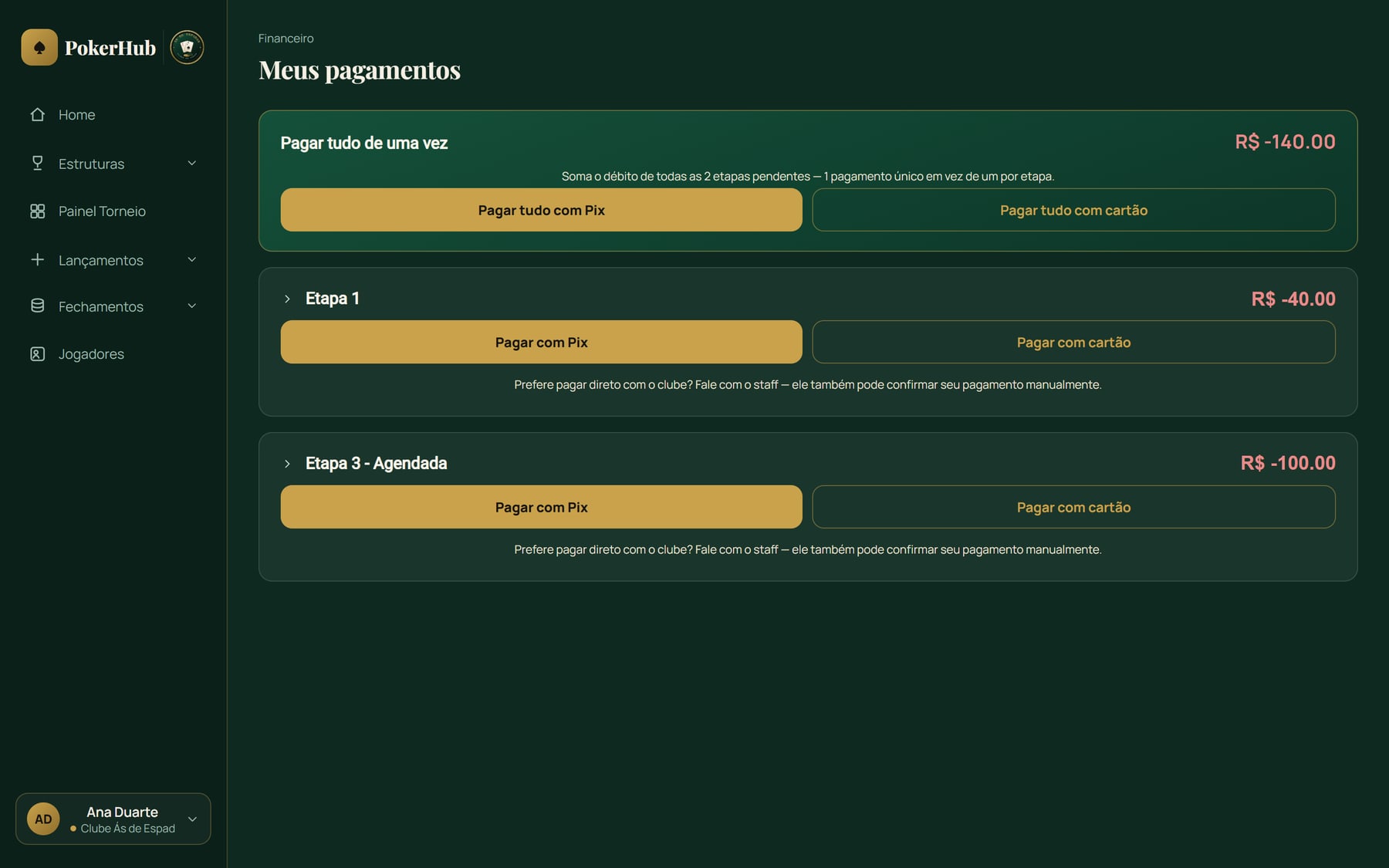 Tela Meus pagamentos com débitos por etapa e botões de pagar com Pix ou cartão