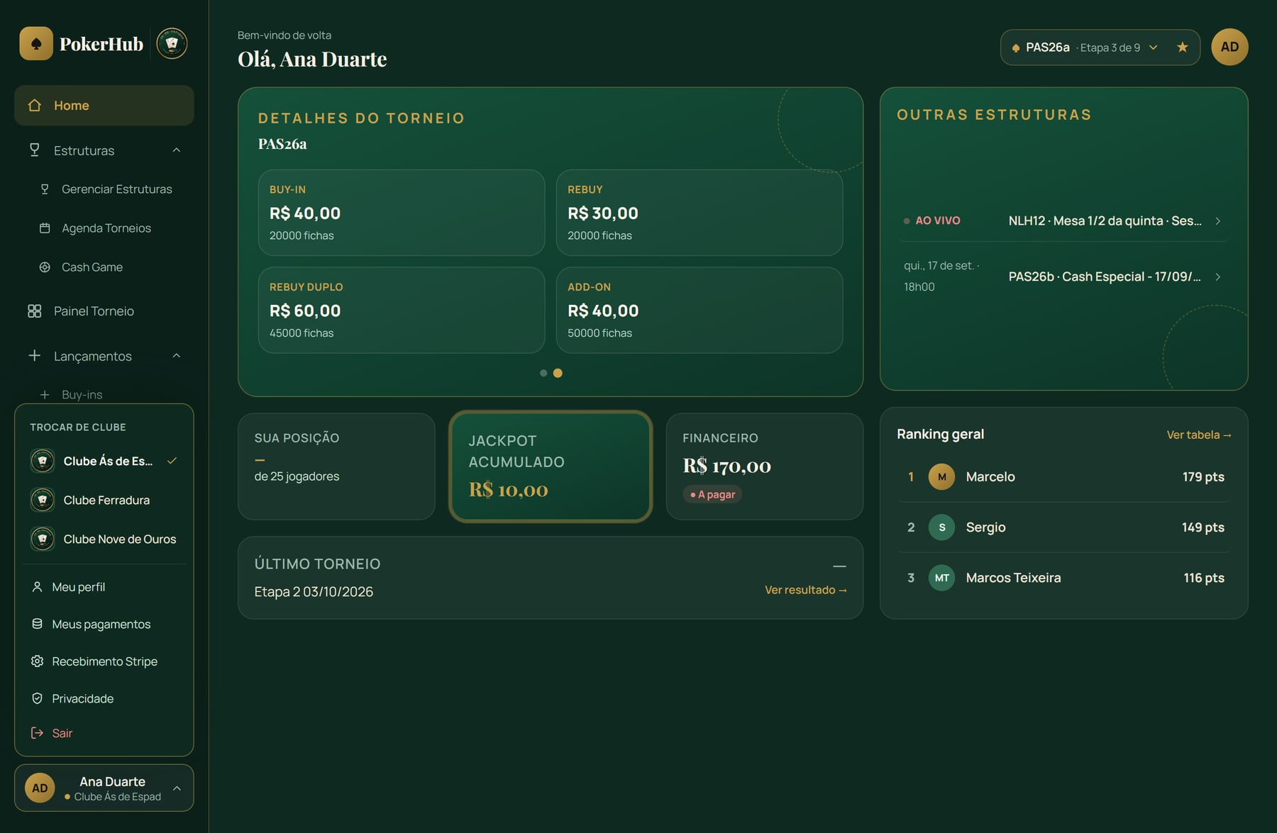 Menu do usuário aberto mostrando a troca entre três clubes e os detalhes do torneio na Home